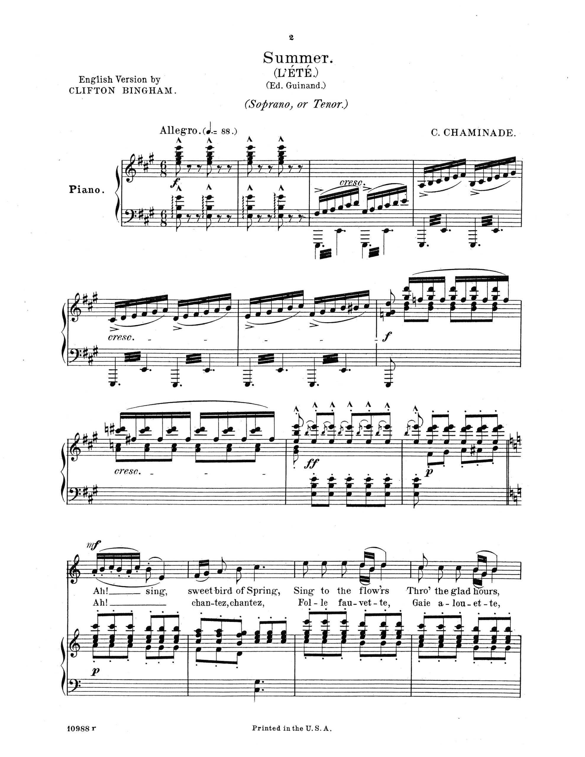 L'ete (Summer) French, English Classical Vocal Reprints