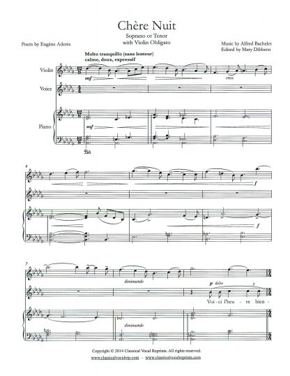 CHERE NUIT - Soprano or Tenor, Violin (or Viola or Cello) Obligato and Piano, Edited by Mary Dibbern