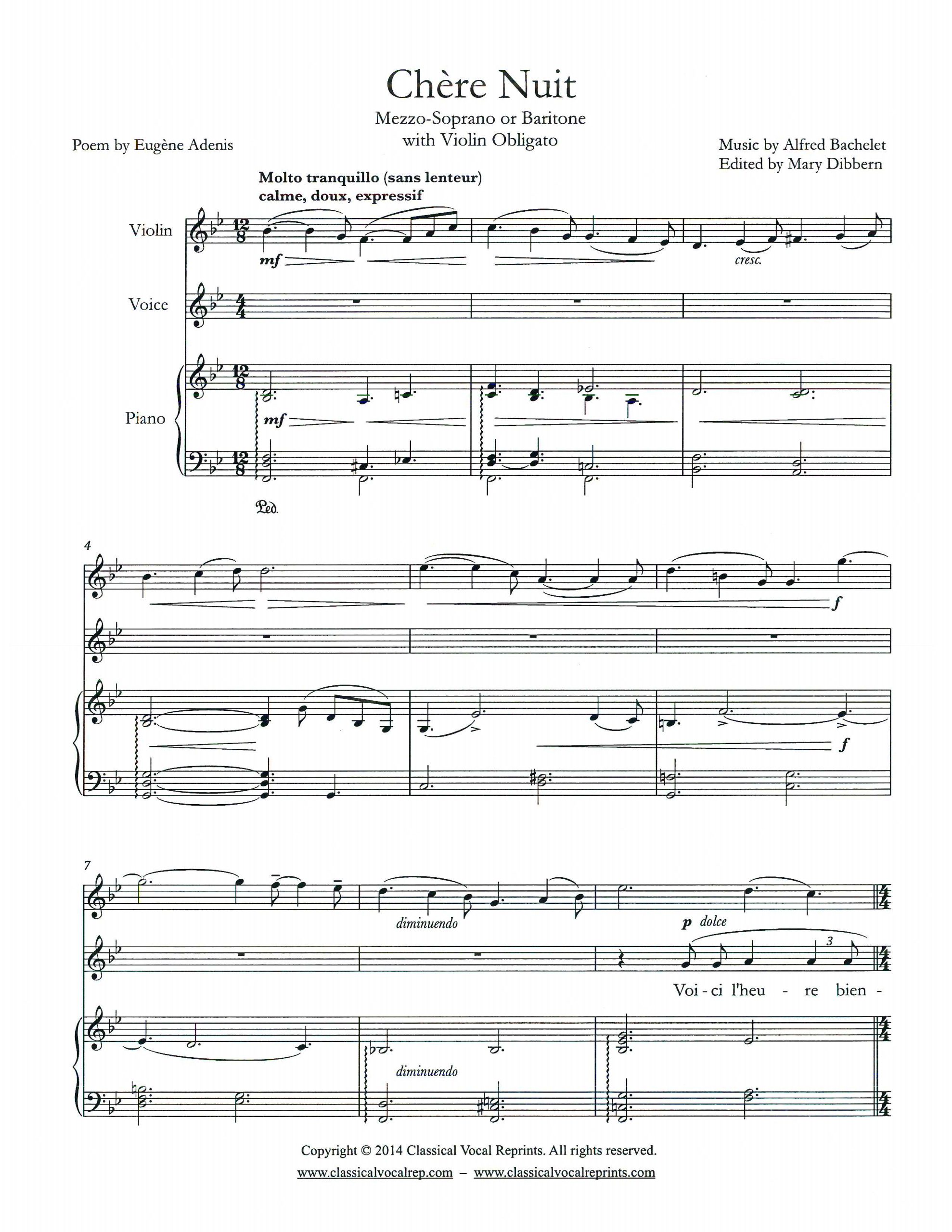CHERE NUIT - Mezzo-Soprano or Baritone, Violin (or Viola or Cello) Obligato and Piano, Edited by Mary Dibbern