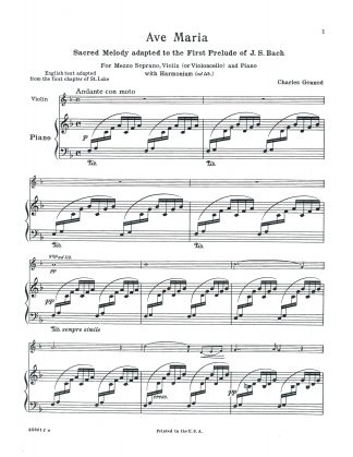 Ave Maria adapted to the 1st Prelude of J. S. Bach by Charles Gounod (Key F Major) with Obligato Violin or Cello