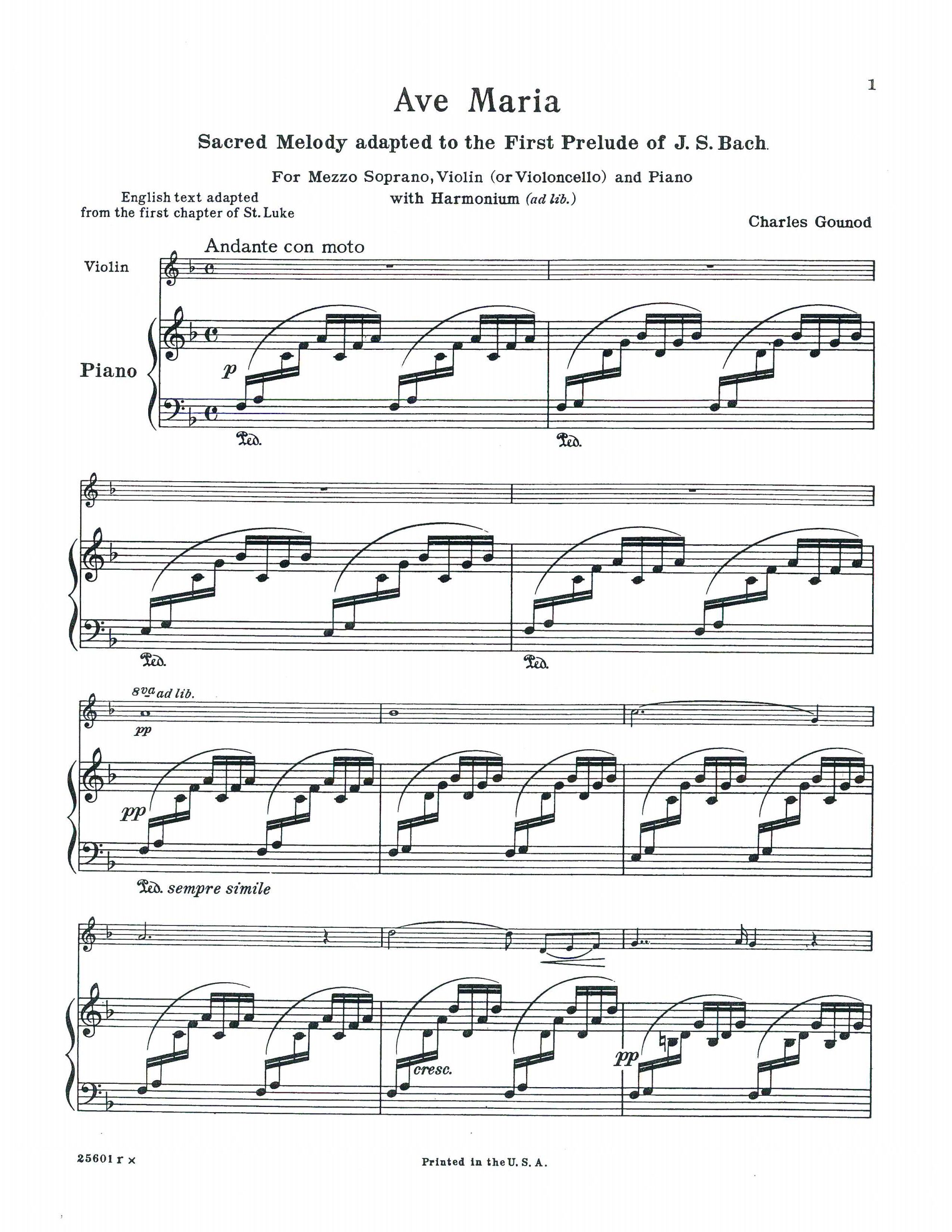 Ave Maria adapted to the 1st Prelude of J. S. Bach by Charles Gounod (Key F Major) with Obligato Violin or Cello