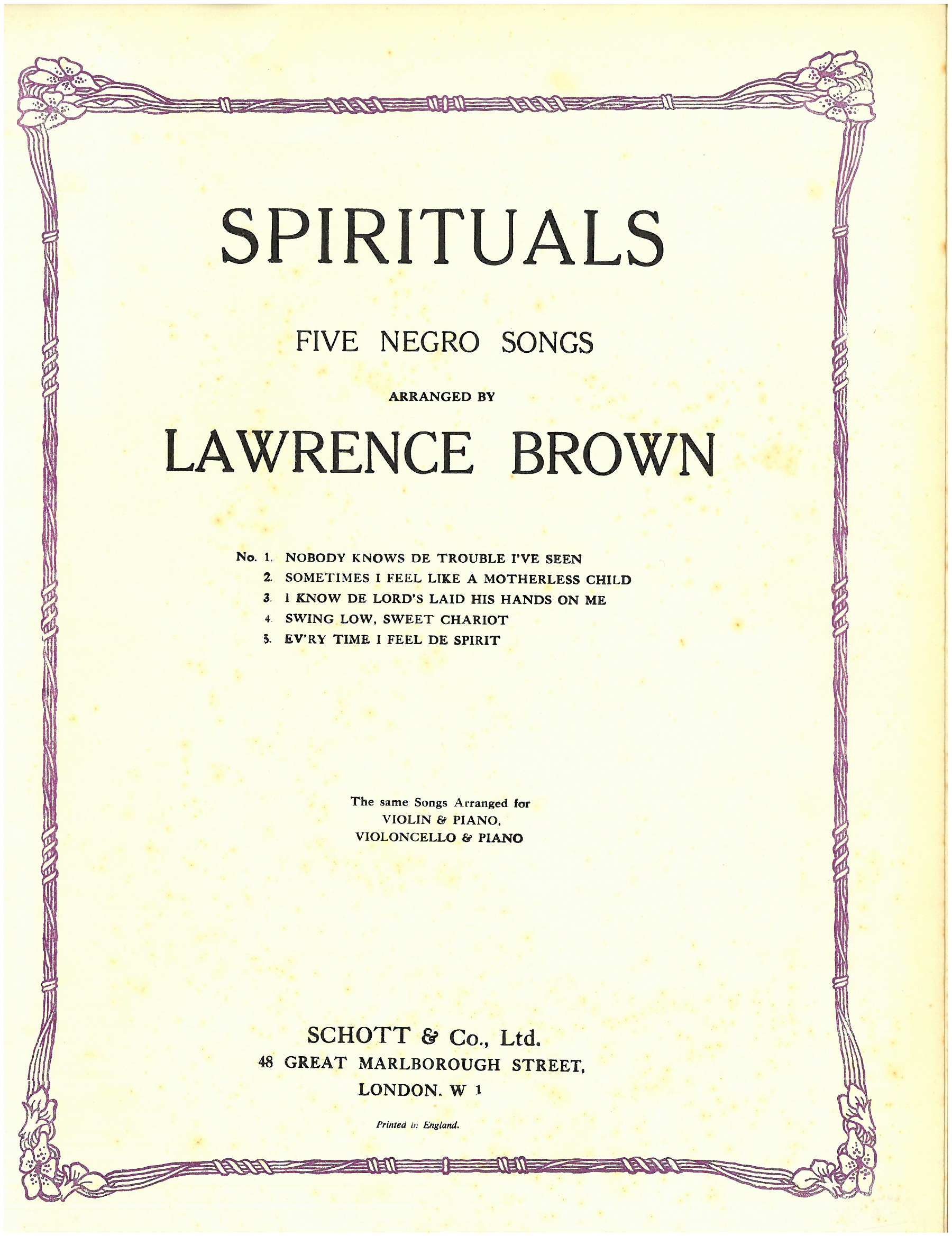 Five Negro Spirituals arranged by Lawrence Brown