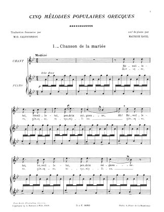 Five Greek Folk Songs - CINQ MELODIES POPULAIRES GRECQUES - GREEK & FRENCH TEXT